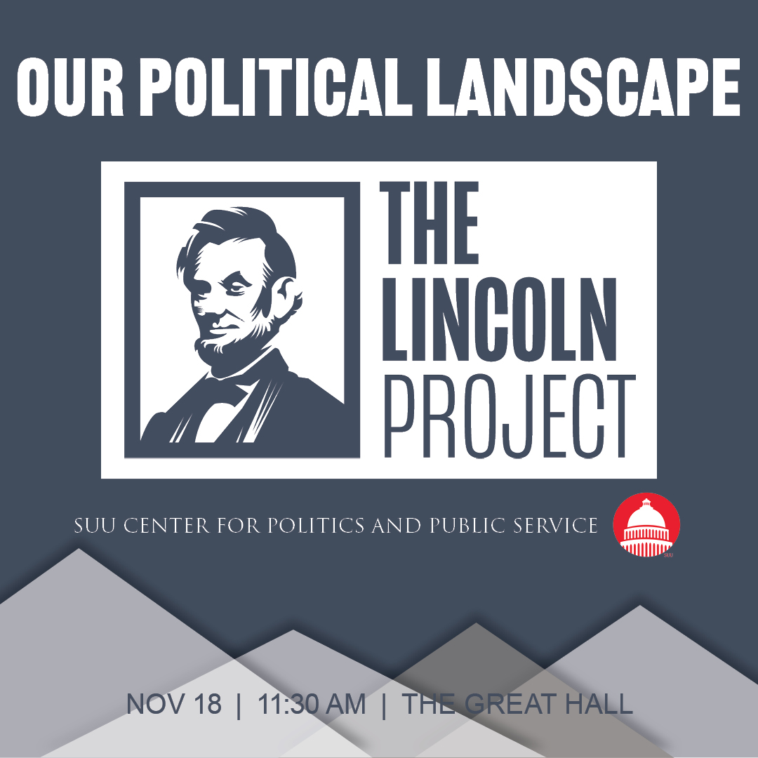 suuapex's tweet photo. We partner this week with the SUU’s Leavitt Center for Politics to bring you representatives from The Lincoln Project
Join A.P.E.X. Events on November 18, 2021 at 11:30 AM in the Great Hall 
Visit https://t.co/L9KfJvQa77 for more info on this event - and for the live stream link https://t.co/eExDhz9LGY