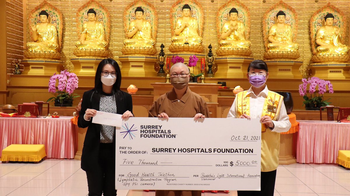 SurreyHospFdn's tweet photo. Thank you to our Community Champions, Buddha’s Light International Association, for their donation of $5000 in support of our recent Good Health Telethon! This gift will support the new Microsurgical Lymphatic Reconstruction Program in Surrey https://t.co/NYOzsSAz11
