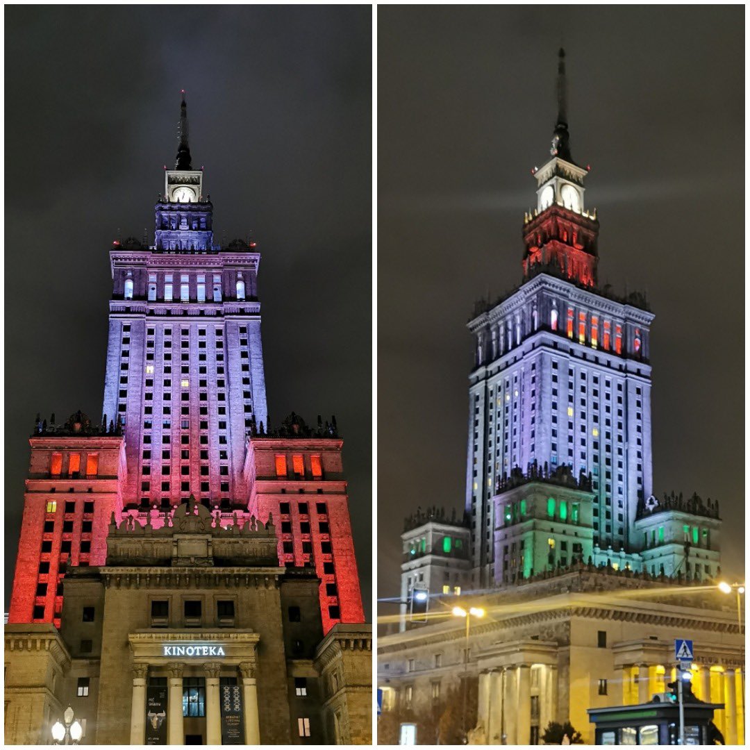 Dziś nasz ostatni mecz w grupie eliminacji do FIFA World Cup - Polska-Węgry⚽ A wiecie, że dokładnie 100 lat temu odbył się pierwszy mecz reprezentacji Polski w historii? Zagraliśmy wtedy... również z Węgrami🙃 Z tej okazji dziś @PalacKultury podświetlamy na galowo! 🇵🇱🇭🇺 #POLHUN