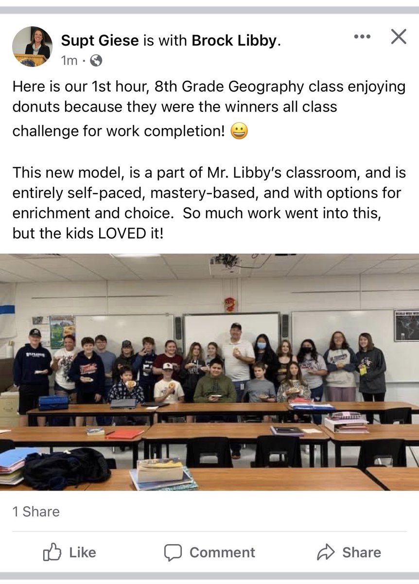 brocklibby's tweet photo. Proof is in the pudding @modernclassproj ! My Superintendent is on board and my admin are hearing about its impact from parents. I have had a few students opt to go to another class but I also have a list of kids who want in. https://t.co/CVnKkBim9F