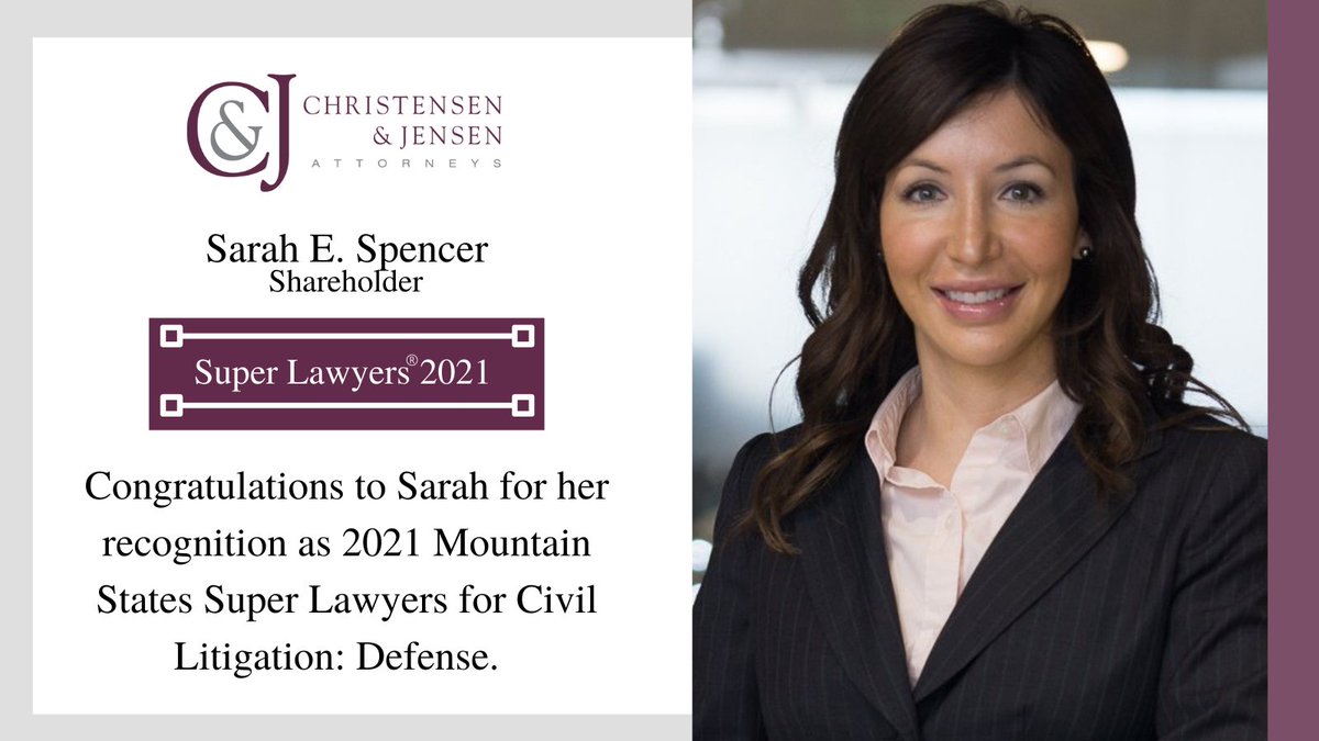 ChrisJenLaw's tweet photo. @SarahESpencer is recognized as Mountain States @SuperLawyers for her Civil Litigation: Defense practice. Congratulations, Sarah! https://t.co/knrWqYYRnZ