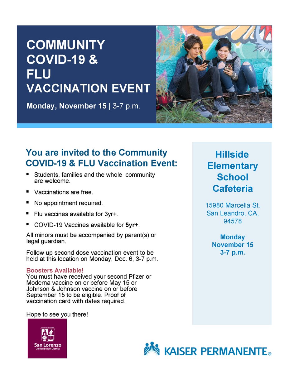 kpeastbayarea's tweet photo. #FightFlu or get a COVID-19 vaccine TODAY, 11/15 in the #HillsideElementary School cafeteria. Flu (3 and up) and COVID-19 vaccines (5 and up) will be available from 3 to 7 p.m.; no appointment necessary. More info here: https://t.co/aNrJyNdHa4 #GetVaccinated https://t.co/smBV8mjZ85
