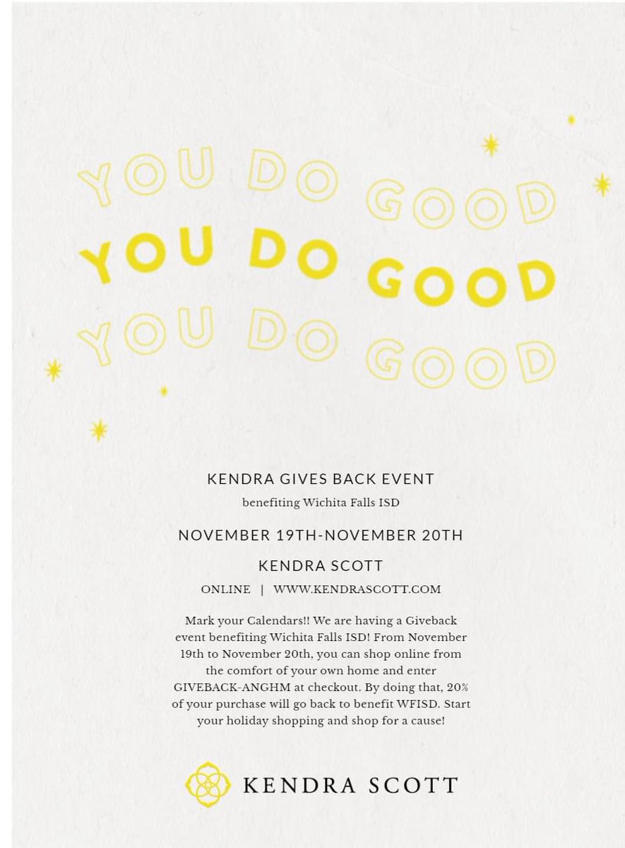The WFISD Foundation will be partnering with Kendra Scott for our 2nd Kendra Gives Back Event. From from Nov 19-Nov 20,you can shop online and enter GIVEBACK-ANGHM at checkout. 20% of your purchase will benefit the WFISD Foundation. Great time to start your holiday shopping!