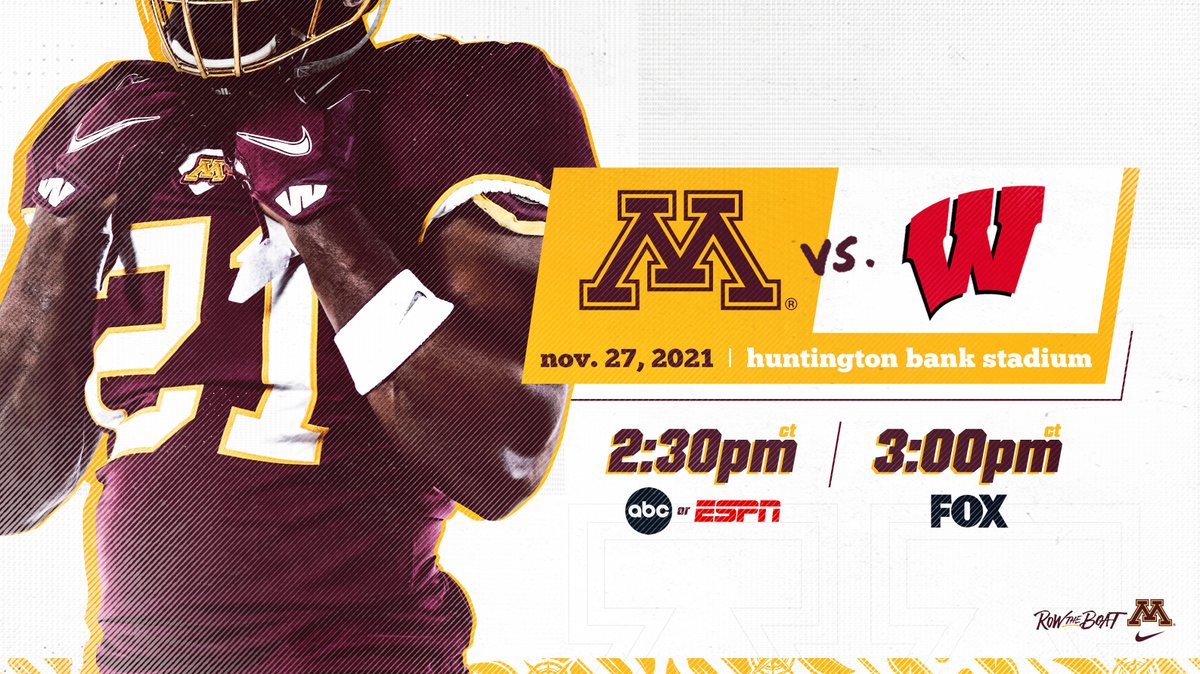 GopherFootball's tweet image. Our game vs Wisconsin will be at one of the following times➡️ 2:30 PM on ABC or ESPN or 3:00 PM on FOX

*Exact time will be announced on Nov. 22*