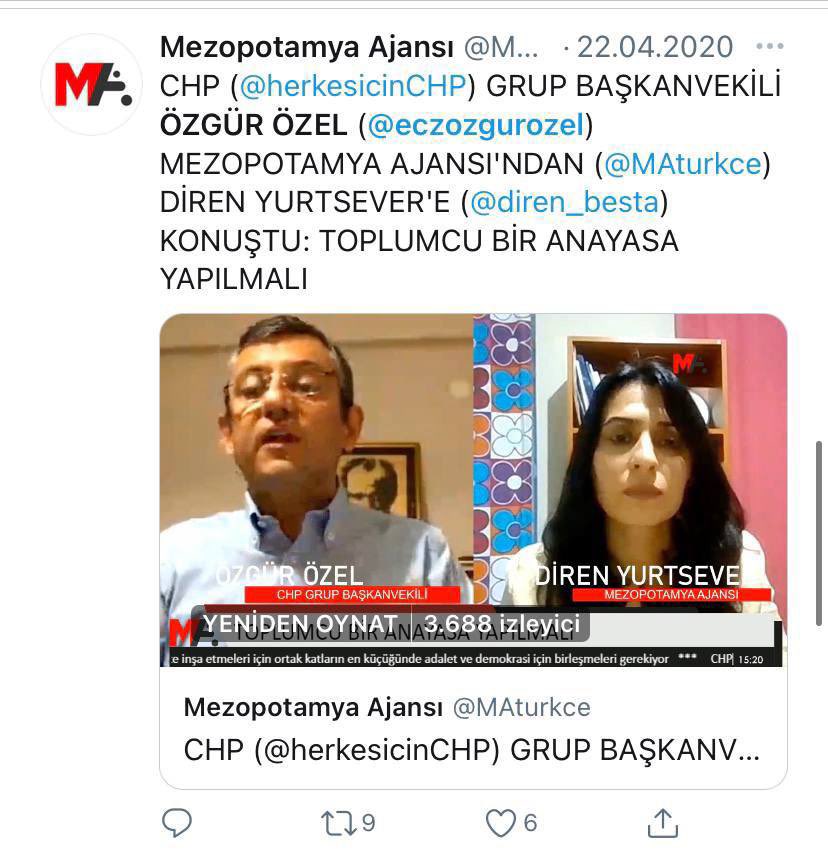 Kemal Kılıçdaroğlu, "CHP halkın yanında." diyor. O sırada:

CHP milletvekili Yıldırım Kaya, Pkk kanalının konuğu.

CHP milletvekilleri Sezgin Tanrıkulu ve Cihangir İslam, Pkk kanalının konuğu. 

CHP Grup Başkanvekili Özgür Özel, Pkk yandaşı sözde haber sitesinin konuğu.