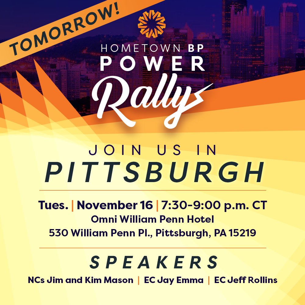 TOMORROW is the day! Join us in Pittsburgh at 7:30 p.m. ET for our next Hometown BP Power Rally! It's going to be a great event that you do not want to miss. We'll see you there!