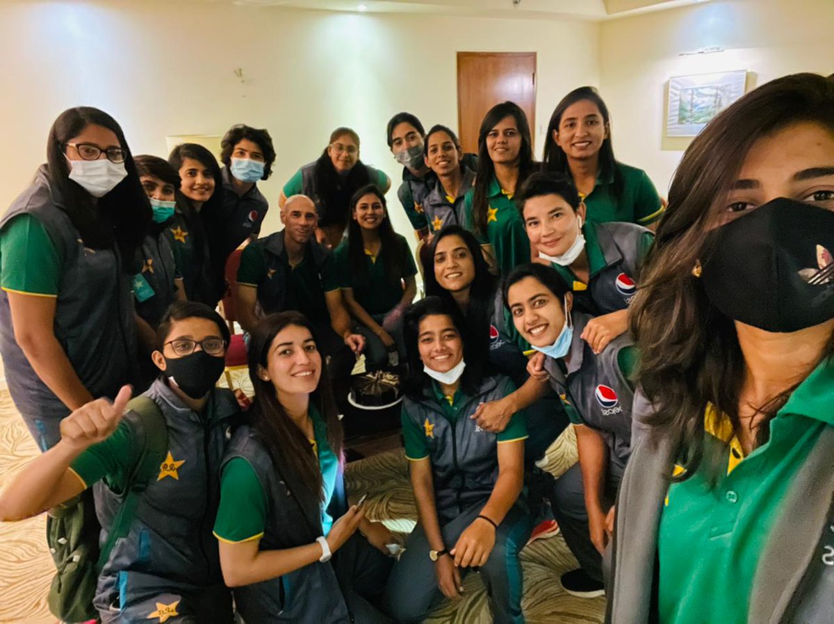 TheRealPCB's tweet photo. Before their departure for World Cup Qualifier in Zimbabwe, our women's team celebrated the birthday of their coach David Hemp 🎉🎂 https://t.co/1kbBviaicq