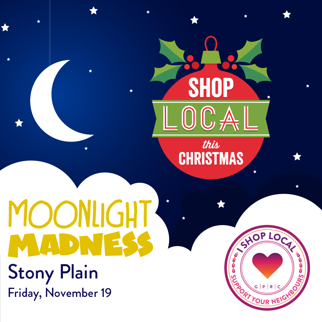 Shop till you drop this Friday! It’s Moonlight Madness in Stony Plain! Check out all of the participating businesses here: gprchamber.ca/moonlight-madn…