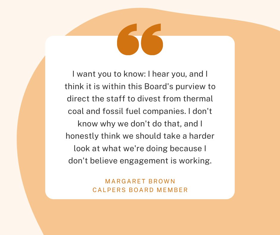 FossilFreeCA's tweet photo. 🚨 BREAKING: @CalPERS Board Member Margaret Brown voiced public support for divestment from fossil fuel companies at this morning's board meeting in Sacramento.

Thank you @SaveYourPension @TheTay456 @LisaMiddletonCA for investigating the power &amp; progress of your investments. https://t.co/Nqqn5nwPAf