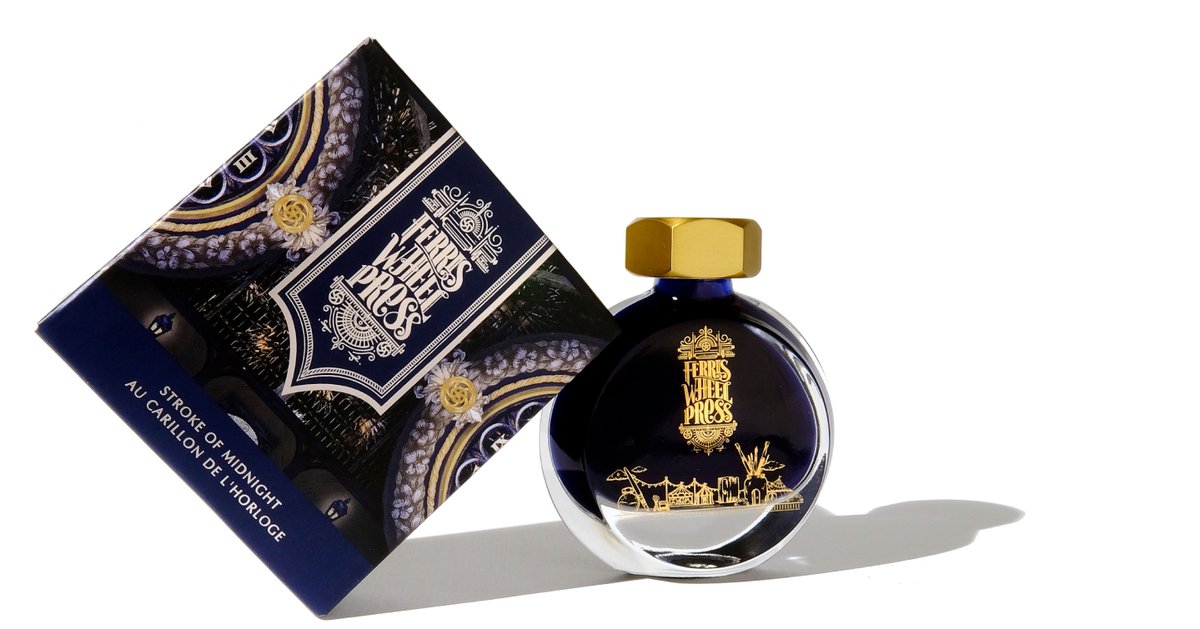 PenChalet's tweet photo. Capture the excitement and celebration of your favorite holidays with the captivating sheen and sparkling mixed metallic bursts in Ferris Wheel Press Stroke of Midnight ink. Just Released: https://t.co/NjfCbAnZYE #ferriswheelpressink #fwpink #penchalet #fountainpen #ink #newink https://t.co/EOCHlcUdCV