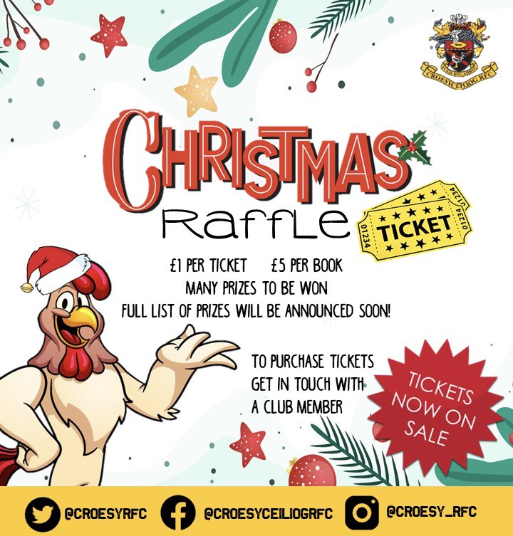 Croesyceiliog RFC Christmas Raffle Tickets are Now on Sale! All prizes will be announced running up to the draw. To purchase please get in touch. Or if your able to help in another way, we’d like to hear from you. 🐓🏉🎄🎁🎄🏉🐓#christmas #christmasraffle #itschristmas #atatt