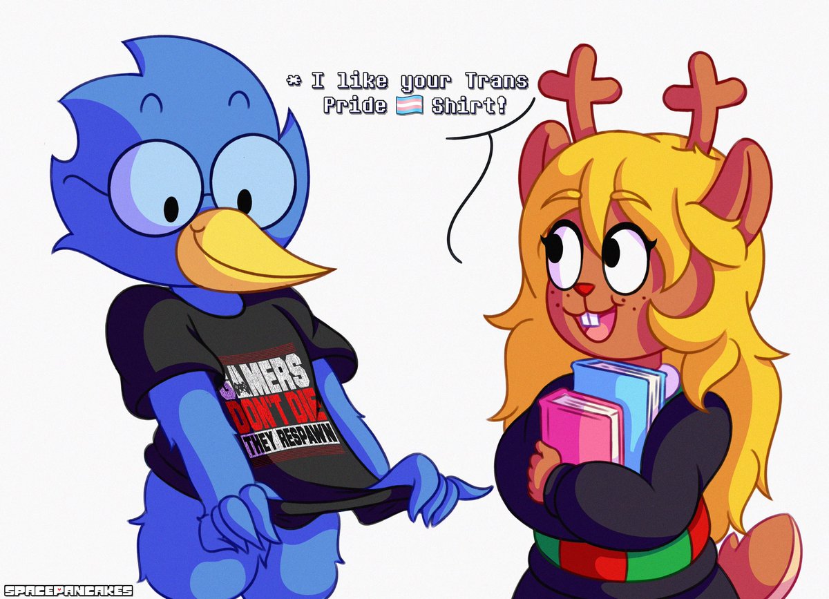Can’t believe Toby made them both Gay and Trans so true of him 💝❤️

[#Deltarune #DeltaruneChapter2 #Berdly #Noelleholiday Noelle]