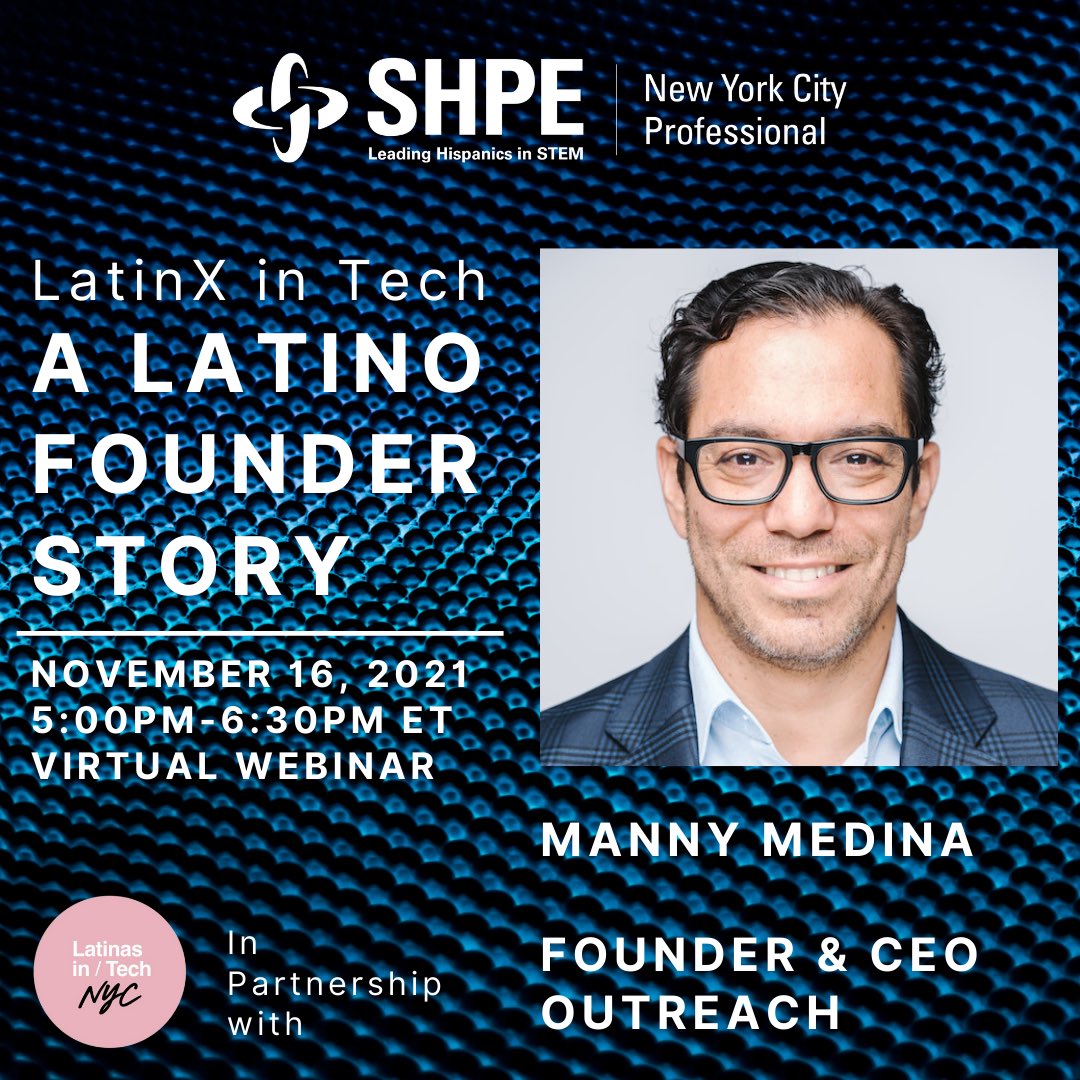 From Ecuadorian Immigrant to Founder and CEO! Come hear Manny’s Journey at our next LatinX in Tech event tomorrow!! RSVP LINK IN BIO! #shpe #stem #vc #founder #tech #latinx #latino #hispanic #capital #cto #cio #ceo #nyc