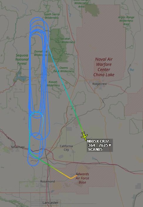 ameliairheart's tweet photo. Northrop Grumman testbed N805X returning back to Edwards AFB, CA after ~2 hours of tracks inside the Isabella MOA. #ADSB #AAF67D https://t.co/Hc0zKtdCbV