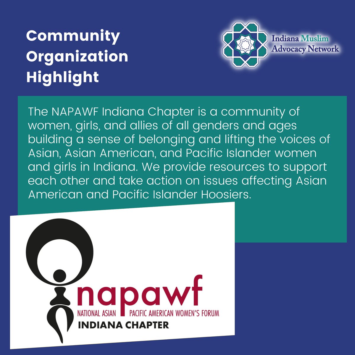 IMANAssociates's tweet image. Highlighting @NAPAWFIndiana

The NAPAWF builds a sense of belonging and lifts the voices of Asian, Asian American, and Pacific Islander women and girls in Indiana.

National New member orientation is Tomorrow, 11/16! 

#communityorganization #indianacommunity #muslimcommunity