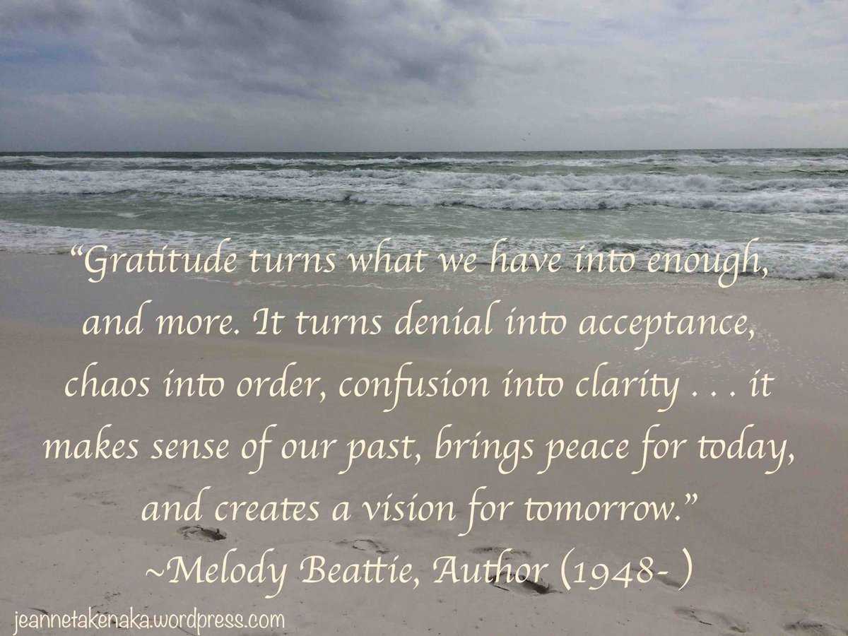 "Gratitude turns what we have into enough, and more. It turns denial into acceptance, chaos into order, confusion into clarity...it makes sense of our past, brings peace for today, and creates a vision for tomorrow."
~Melody Beattie, Author 

#quoted #gratitude #perspective