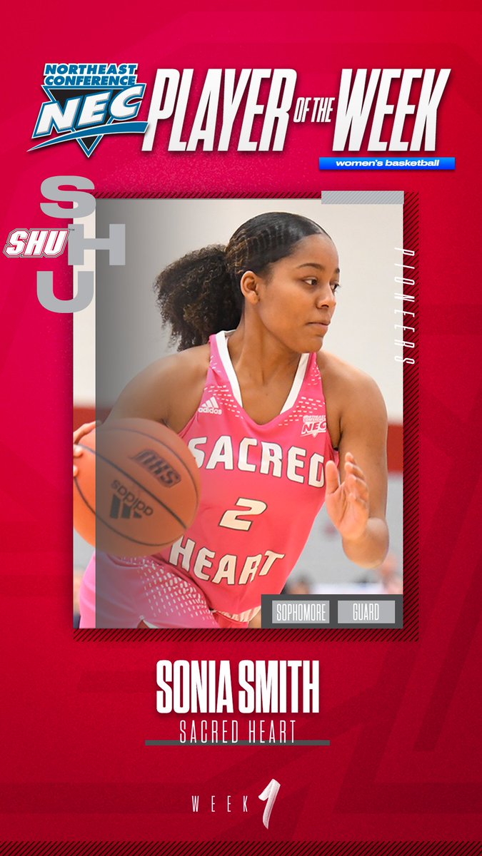 NECsports's tweet photo. 🏅 Official #NECWBB Player of the Week 🏅

➡️ Sonia Smith, @SHUBigRed 

📓 Smith tipped off the season w/ back-to-back 22-point performances in back-to-back SHU victories. Going up against Hartford and Brown, she averaged 22.0 points, 6.0 boards, 3.0 assists &amp; 2.0 steals per win. https://t.co/2K3AmU3d4E