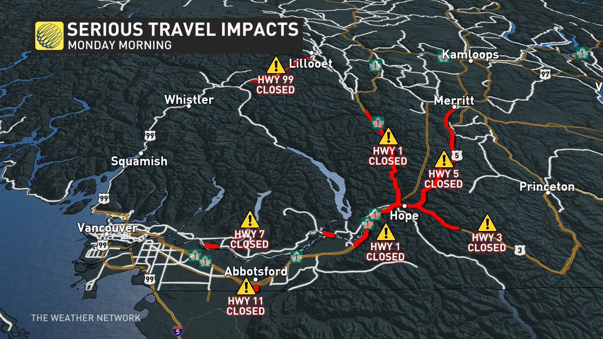 The Lower Mainland is effectively cut off from the rest of British Columbia and Canada as Highway 99 is the latest closure with a mudslide reported. BCFlood #BCStorm