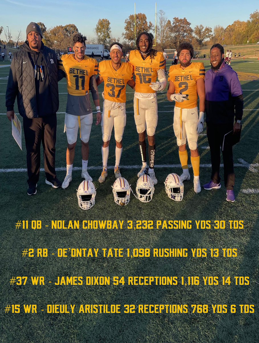 11 Nolan Chowbay QB 🏈
11 Games: 3,232 Passing Yds 30 TDs

2 De’Ontay Tate RB 🚛
11 Games: 1,098 Rushing yds 13TDs

37 James Dixon WR ✈️
11 Games: 54 Receptions 1,116 yds 14TDs

15 Dieuly Aristilde WR ✈️
8 Games: 32 Receptions 768 yds 6 TDs
