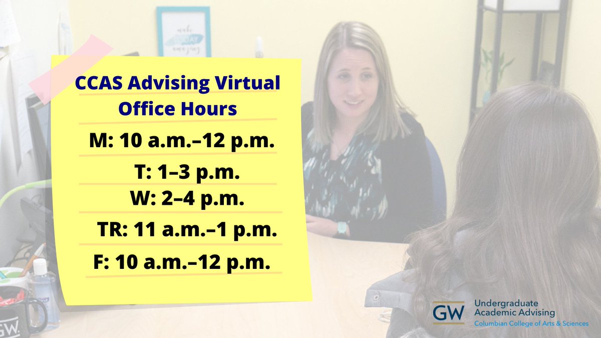 CCASAdvising's tweet image. Have registration questions? Class schedule questions? Just basically all the questions? We've got you! Book an appointment with one of our advisors or attend virtual office hours (no appointment needed!). See dates and times here: advising.columbian.gwu.edu/undergraduate-…