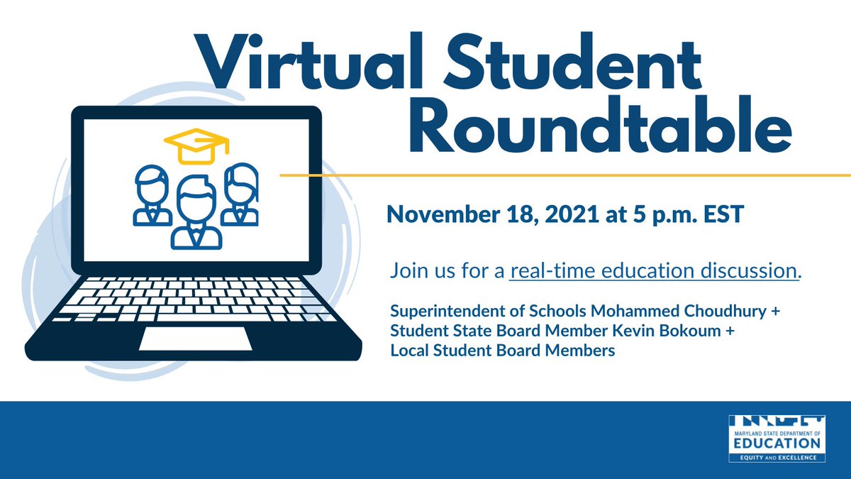 MdPublicSchools's tweet photo. #MarylandStudents: Is there an education question or experience you want to share? MSDE wants to hear from you!

During our Virtual Student Roundtable, Sup't. Choudhury, @statesmob &amp; local #SMOBs will answer your questions via live stream.

Register now: https://t.co/169xjJVxxl https://t.co/LFypZ9eSmb