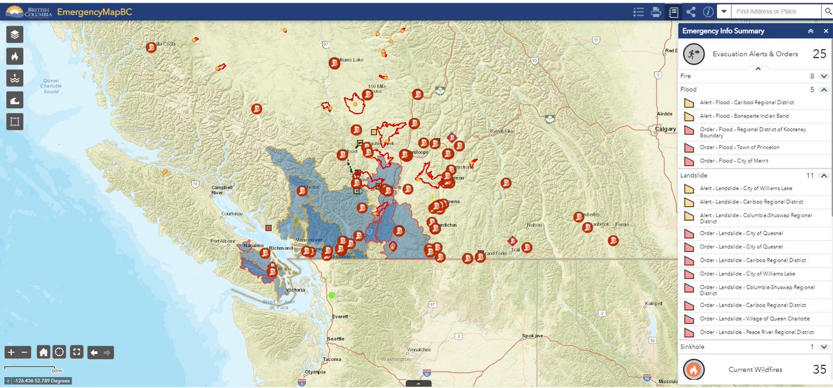 DaveColvinCEM's tweet photo. BC Situation Worsens - Entire City of Merrit (pop. 7,100) among those ordered to evacuate. Hundreds of people stranded on highways. EmergencyMapBC gives great situational awareness for responders, emergency managers, media and citizens. https://t.co/XWoj8kQHBl... https://t.co/HKOnxwTOlq