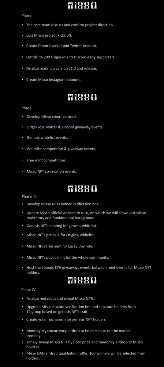 LostMisso's tweet photo. Everyone

We are releasing roadmap v1
The 12 Genesis and other Misso NFT holders stakes their NFT to earn tokens and use the tokens to continously evlove the Lost Misso world 

More details are in the roadmap...

#NFTartists #nftcollectors #NFTs #Metaverse #OpenSeaNFT https://t.co/X5ufQzpWGJ