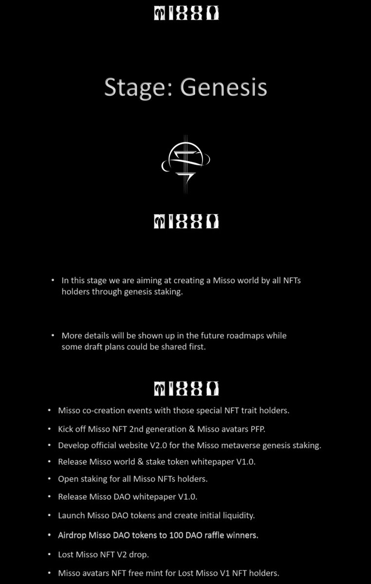 LostMisso's tweet photo. Everyone

We are releasing roadmap v1
The 12 Genesis and other Misso NFT holders stakes their NFT to earn tokens and use the tokens to continously evlove the Lost Misso world 

More details are in the roadmap...

#NFTartists #nftcollectors #NFTs #Metaverse #OpenSeaNFT https://t.co/X5ufQzpWGJ