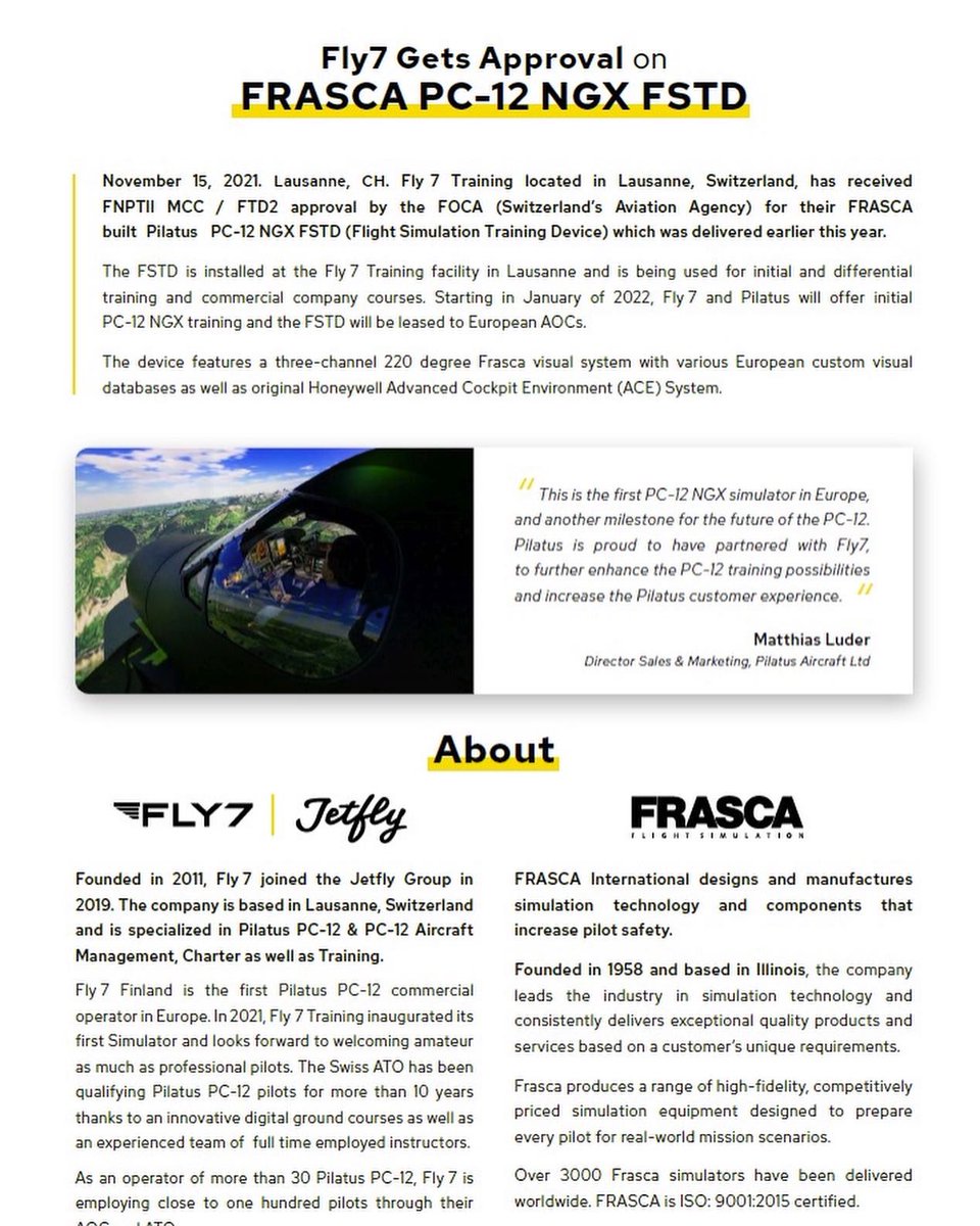 fly7ch's tweet photo. Fly 7 Gets EASA Approval on FRASCA FSTD for the PILATUS PC-12 NGX !

#FNPTII #MCC #FSTD2 #PC12 #NGX #simulator #flysafe #flygreen #team #fly7 #fly7training #pilatus #training #Lausanne #frasca 

@PilatusAircraft @JetflyAviation https://t.co/djRfh4dnHj