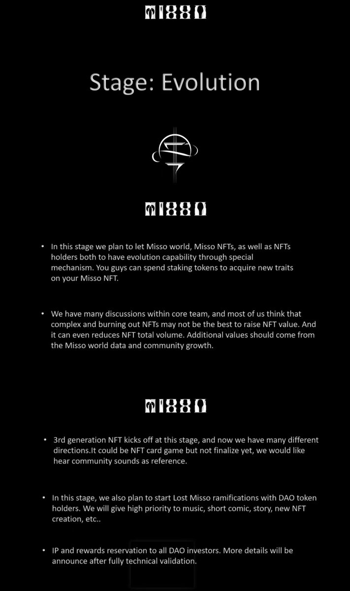 LostMisso's tweet photo. Everyone

We are releasing roadmap v1
The 12 Genesis and other Misso NFT holders stakes their NFT to earn tokens and use the tokens to continously evlove the Lost Misso world 

More details are in the roadmap...

#NFTartists #nftcollectors #NFTs #Metaverse #OpenSeaNFT https://t.co/X5ufQzpWGJ