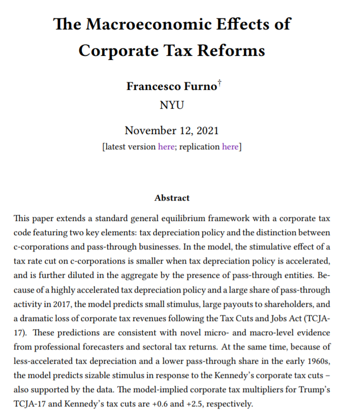 Furno_Francesco's tweet photo. Are corporate tax cuts good at stimulating the economy, or just a gift to shareholders?

In my JMP, I show that the answer depends on tax depreciation policy and the share of pass-through economic activity, and I use the Trump’s and Kennedy’s tax cuts as an illustration.

1/8 https://t.co/7r4QINqwML