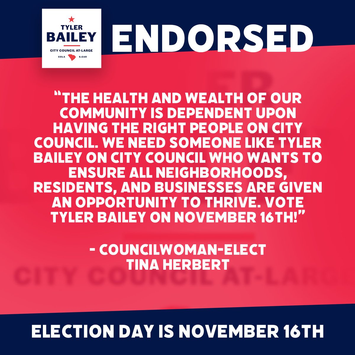 I’m thankful to have the support of Councilwoman-Elect Tina Herbert. New leadership is needed on city council to help move our city forward! It would be an honor to serve with you. @Tina4District1