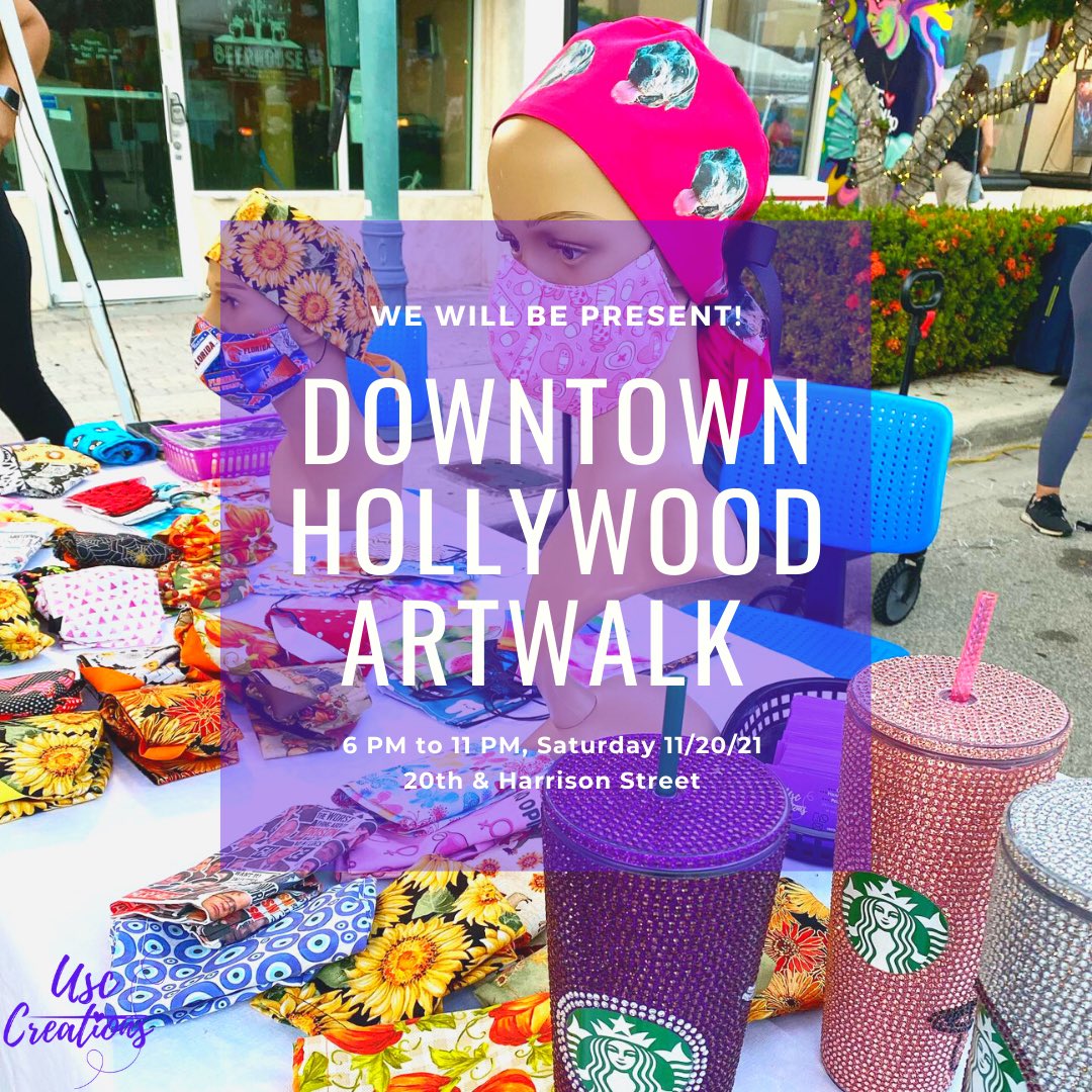 USCcreations's tweet photo. This Saturday we will be at Downtown Hollywood Artwalk! 
It’s from 6-11 pm, we will be there with some new goodies just in time for the upcoming holidays! Come by and say 👋😉

✨💜Meet us at the purple booth💜✨

📍Downtown Hollywood on 20th &amp; Harrison Street!✨ https://t.co/ifbjwRxM7t