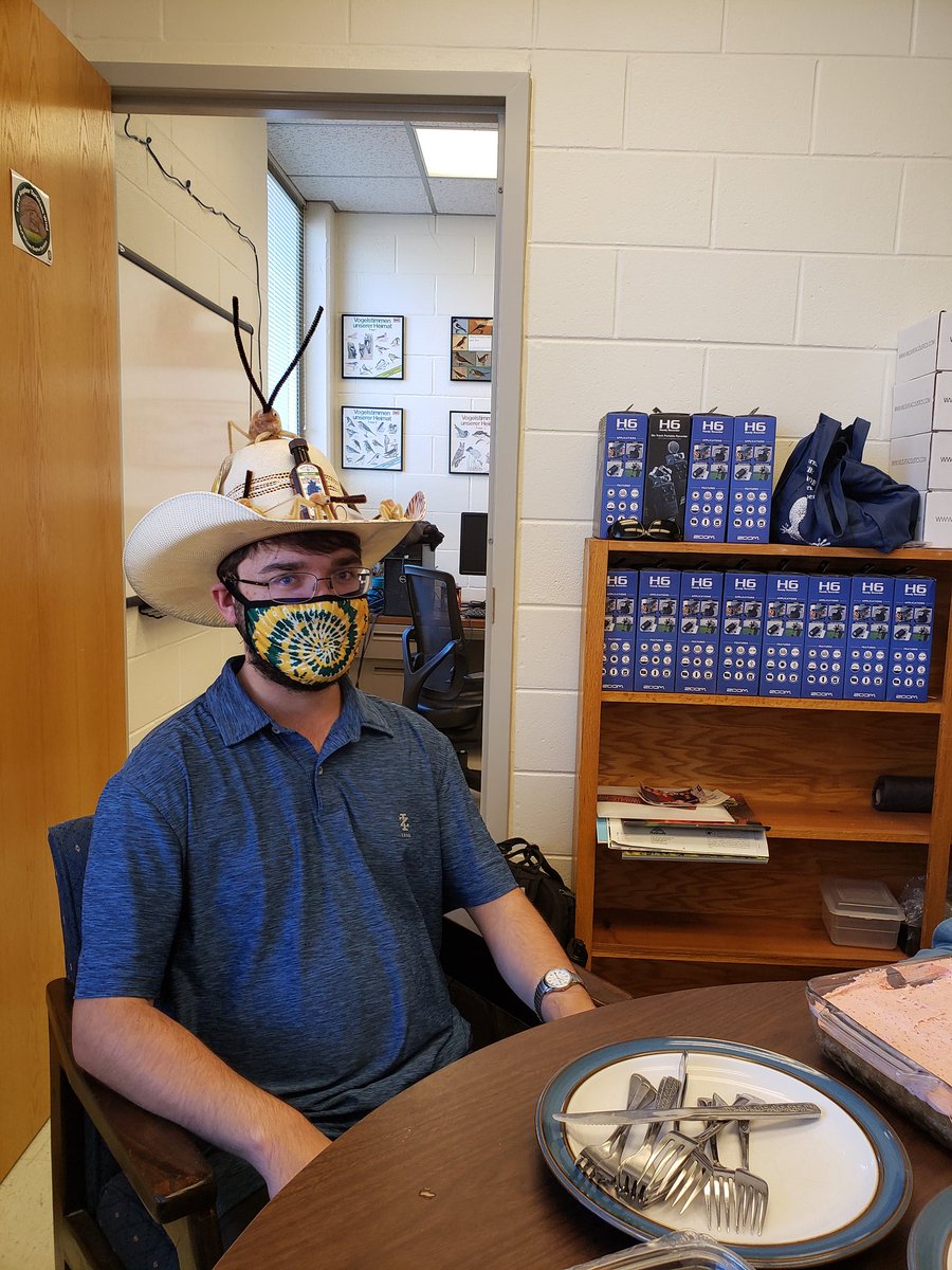 FrogListener's tweet photo. Congratulations to Jonathan Albers for a successful masters defense! The first lab member to graduate. We're putting an Oklahoma twist on the German tradition of a graduation hat! @okstate @IntegrativeBIOL https://t.co/HWOZGuSMXc