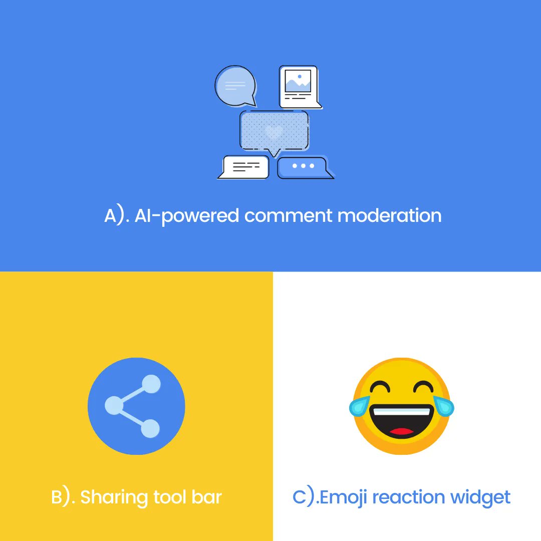 vuukle's tweet image. Which of these features has been the most impactful on your website?

Pick one! A? B? Or C? 

#Vuukle #Publisherworkspace #Adtechnology.