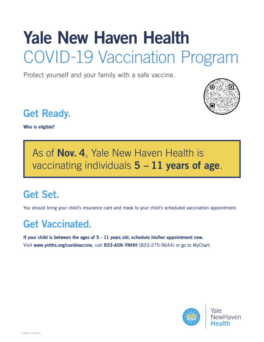 If your child is between the ages of 5 - 11 years old, schedule his/her appointment now. Visit ynhhs.org/covidvaccine, call 833-ASK-YNHH (833-275-9644) or go to MyChart