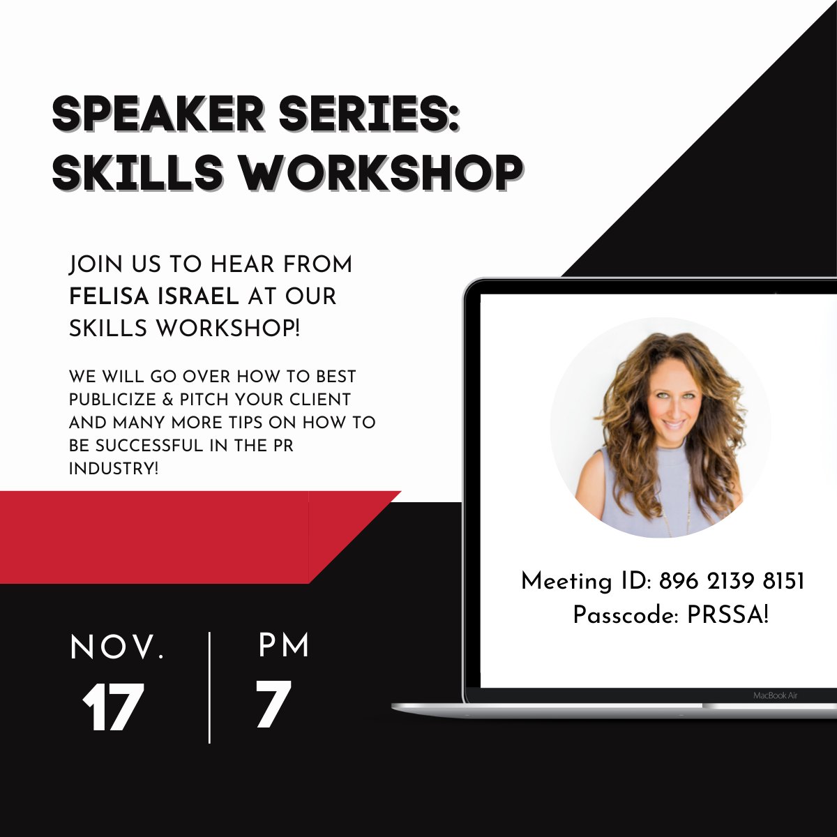 Join us this Wednesday at 7pm to hear our speaker Felisa Israel share valuable tips on the PR industry, learn more about pitching your client, and much more!

#CSUNPrssa #PRSSA #PRAgency #Pitching101