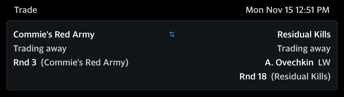 FireandIce_ES's tweet photo. 🔁TRADE ALERT🔁

Another trade between LFI best buddies Commie’s Red Army and RKHC. Residual Kills once again stacking draft capital, they almost seem addicted to it than winning! https://t.co/gnhtQXE7Pg