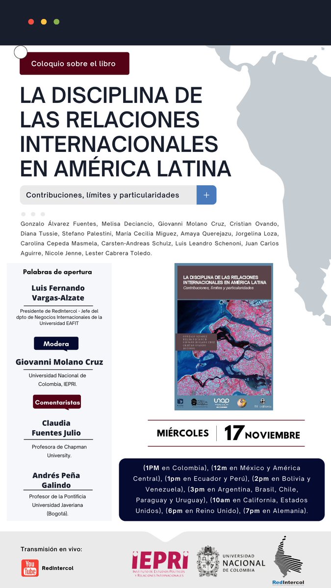 melydec's tweet photo. El miércoles estaremos presentando el libro "La disciplina de las Relaciones Internacionales en América Latina", con los comentarios de @Cfuentesjulio y @quepenaandres cc @RedIntercol @AmayaQuerejazu @shorshelaina @LFVargasAlzate @DianaTussie @schulz_c_a @llschenoni @mcmiguez https://t.co/n5WqkduxqB