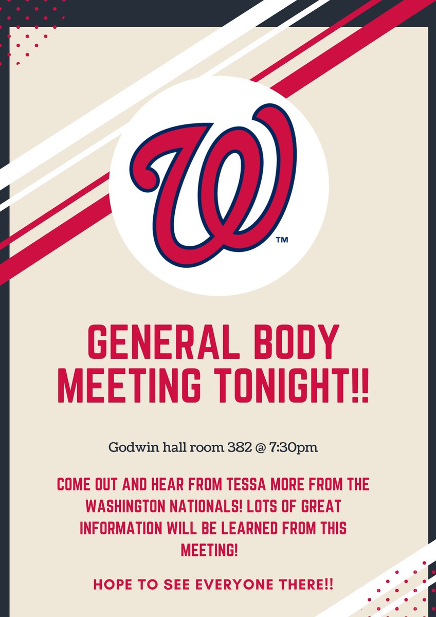 JMUSLAM's tweet photo. 🚨GBM tonight at 7:30!! Come hear from Tessa More from the Nationals! Lots of great information from the professional side of the industry will be learned. Hope to see everyone there!!🚨 https://t.co/oirYC8KBGJ
