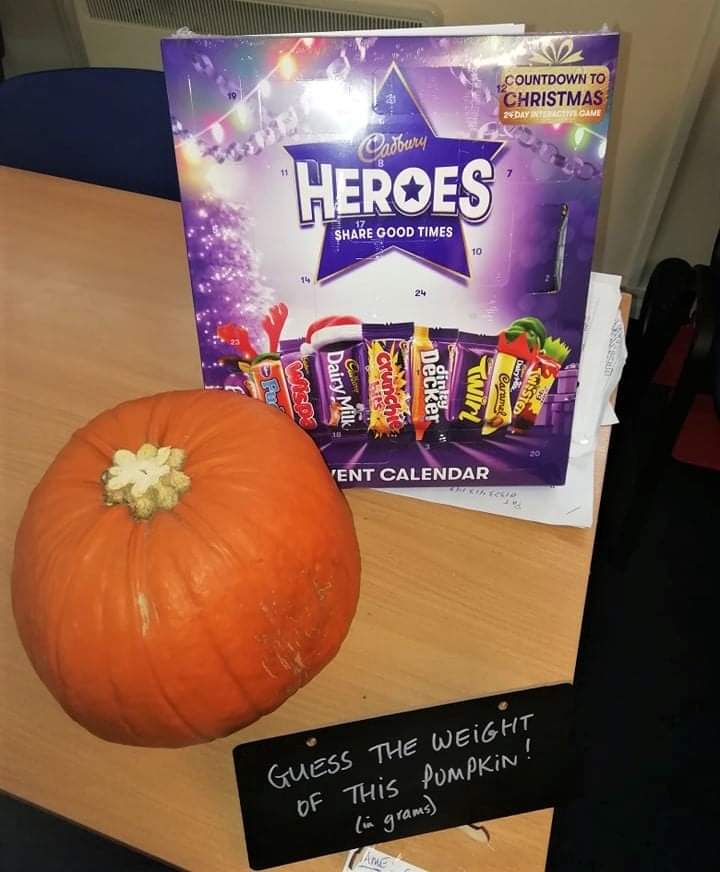 We have a winner of the 'guess the weight of the pumpkin' who will receive a chocolate advent calendar, gift certificate to the Langney Community Cafe and the pumpkin!