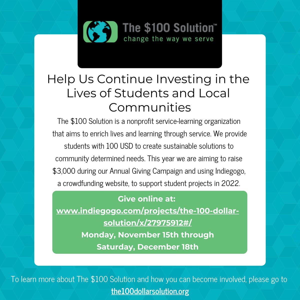 the100solution's tweet photo. Today, we're officially launching our 2021 Annual Giving Campaign! 
Our goal is to raise $3,000 to support $100 Solution projects in 2022.
Donate online at: https://t.co/5Byiv4kQ0x
#Nonprofit #Nonprofits #Fundraiser #nonprofitfundraiser #Giving #THDS #TeamChange https://t.co/0YZCuH2C20