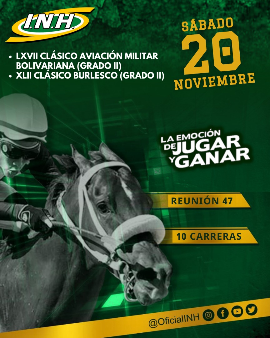 #ProgramaciónINH 📄| Acompáñanos este sábado #20Nov a través de nuestra multitransmisión en redes, a disfrutar de la reunión 47 del Hipódromo #LaRinconada, con 10 apasionantes carreras.🏇

Consulta los inscritos aquí 📲 docdro.id/53HQaCj

#Hipismo