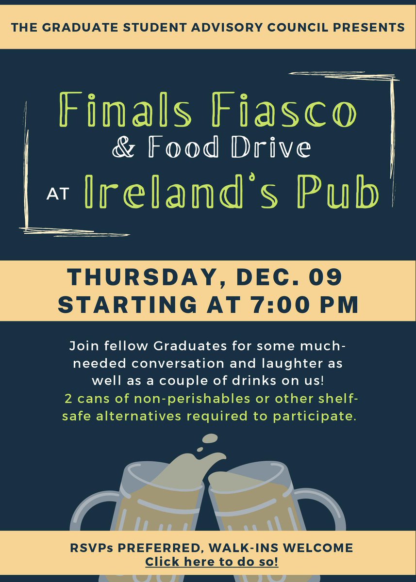 Loyola_GSAC's tweet photo. All graduate students are invited to join us to kick back and destress pre-finals week at Ireland's Pub on Thursday, December 9 starting at 7pm! https://t.co/WiUDRbxP4a