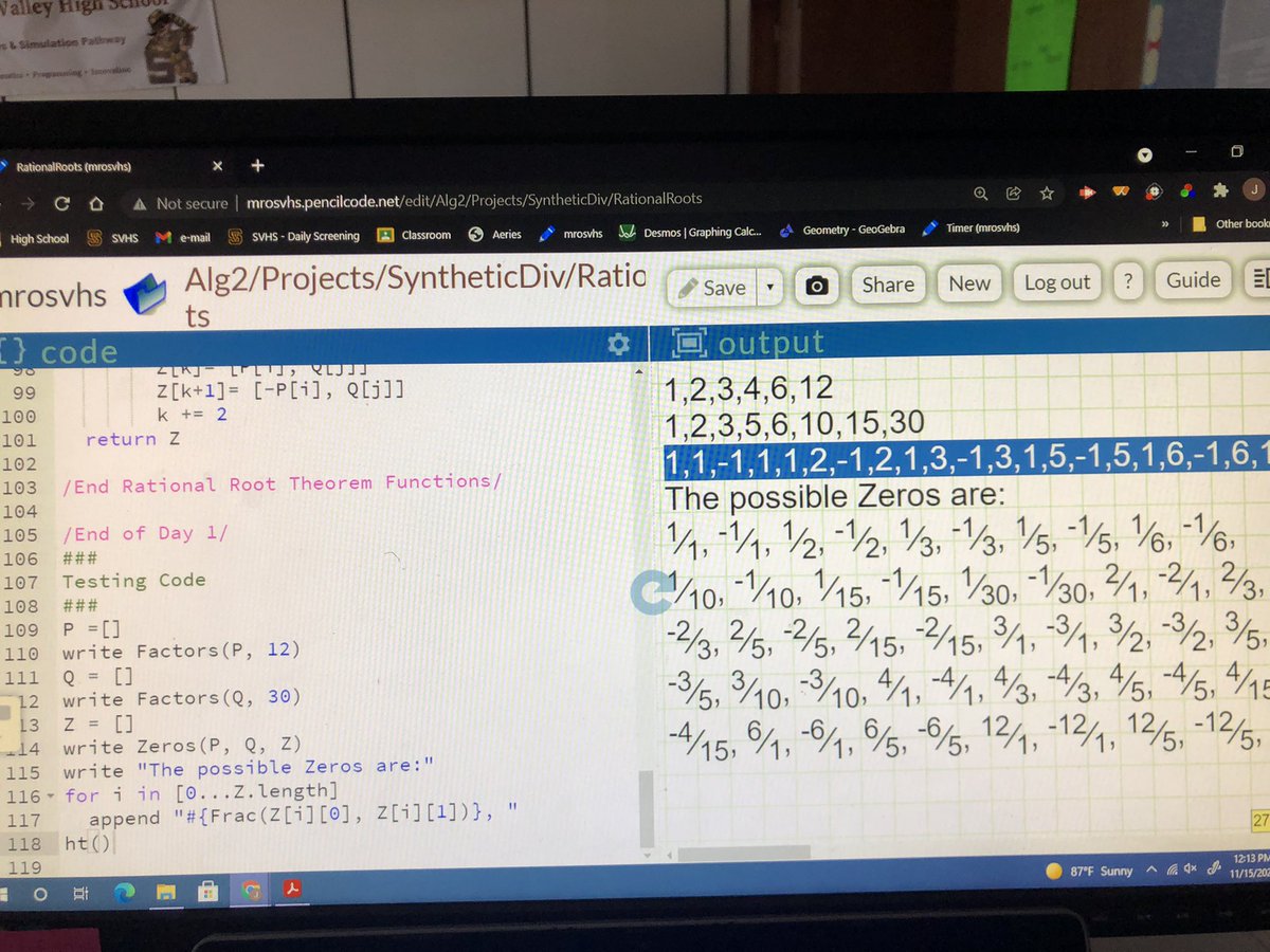 mrosvhs's tweet photo. In Alg 2 with code today, we used 2D arrays and Euler’s GCF algorithm to code the Rational root theorem

#mathwithcode https://t.co/g1XDZ6RGai