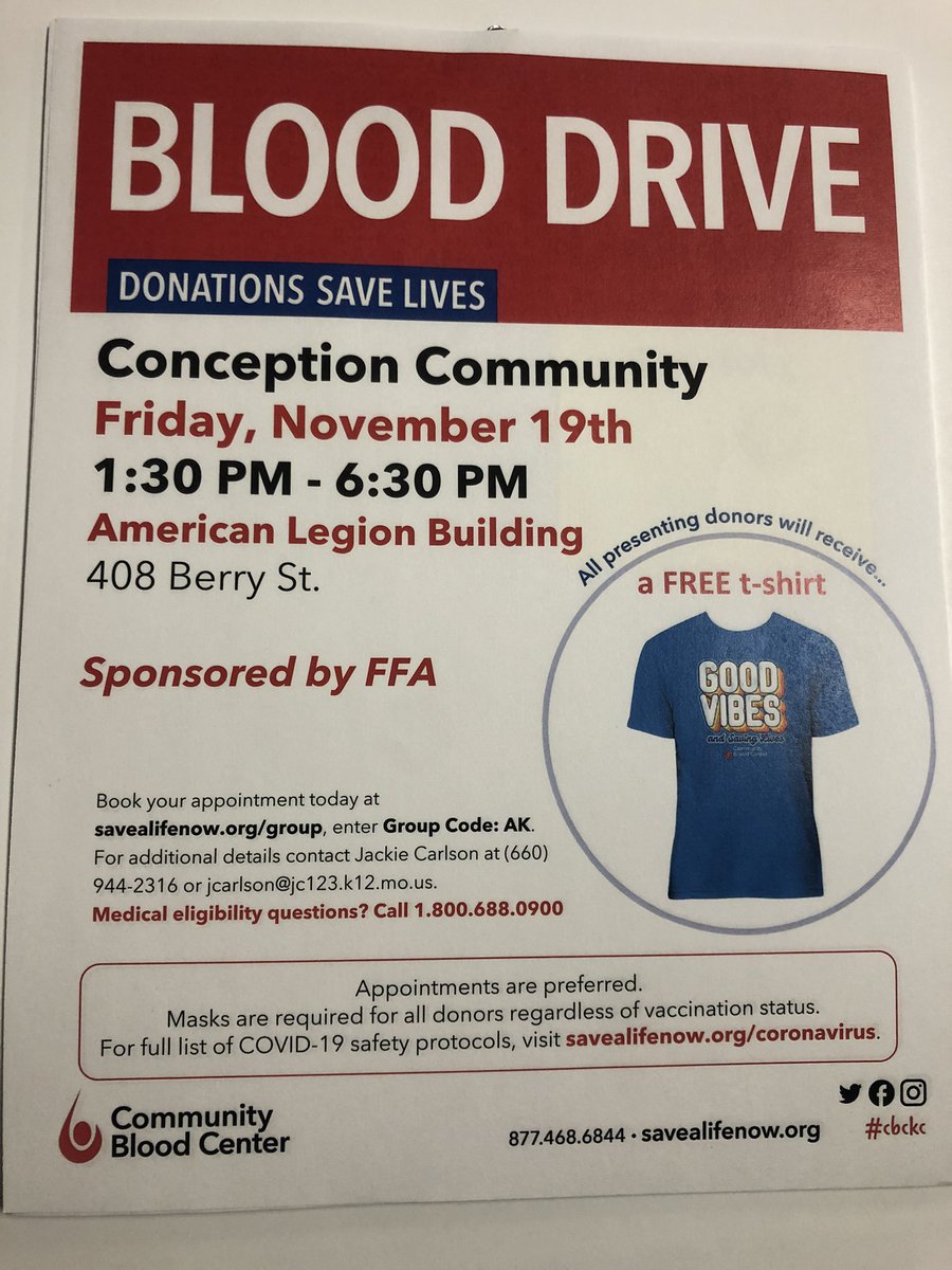 jc123_ffa's tweet photo. Blood Drive this Friday. If you want to schedule an appointment contact Mrs. Carlson 660-853-8804 https://t.co/zprIEAhULD