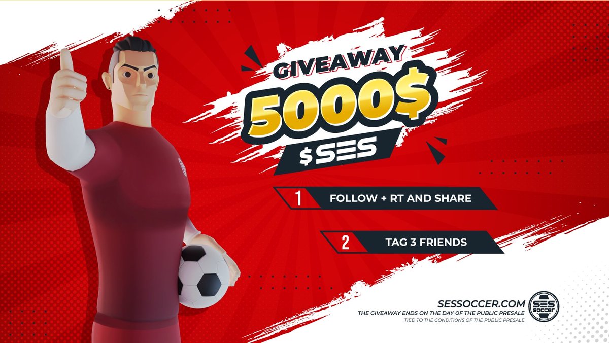 📢The #sessoccer team brings you a super giveaway! 

10 lucky winners will receive their $ses tokend valued at $500🎁 

🚨Requirements🚨 

👉Do RT ✔
👉Mention 3 friends ✔
👉Follow <a href="/sessoccer/">SES Soccer</a> ✔ 

Lot's of luck!🎲 

👀The giveaway finishes the day of the public presale!