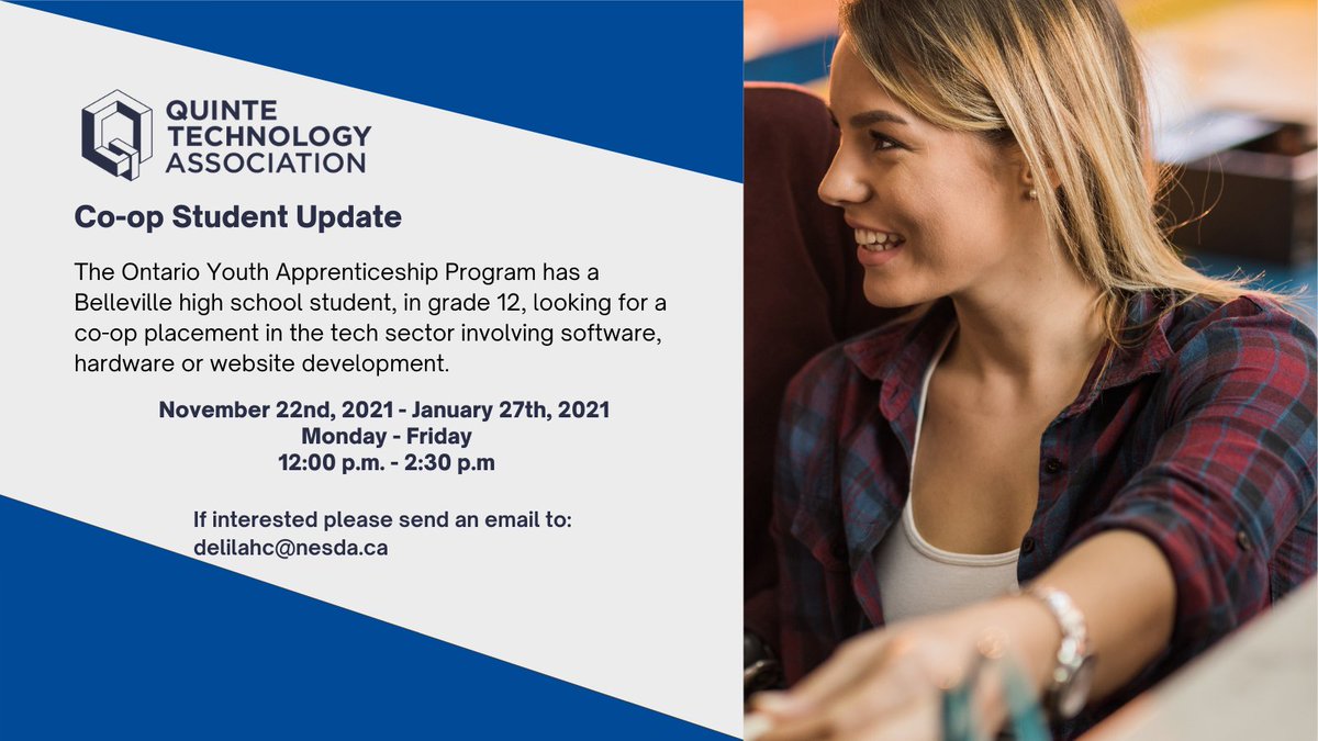QuinteQuintech's tweet photo. We still have a #coopstudent looking for a placement working with either software, hardware or website dev, however the start date has been extended to November 22nd. If your business is interested in taking in a local gr.12 student please send an email to: delilahc@nesda.ca https://t.co/TQc7CsJwCY