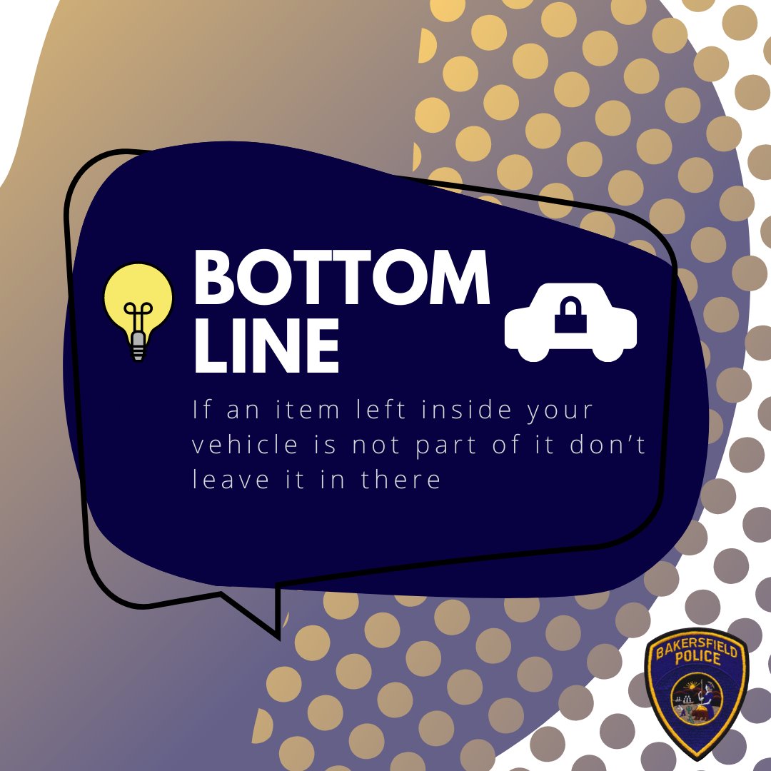 bakersfieldpd's tweet photo. Don’t let your vehicle be an easy target.
•Remember to lock your vehicle.
•Park in well-lit areas and do not leave any valuables in the vehicle.
•Be sure to report any suspicious activity.
#bpd #lockyourvehicle #vehiclesafetytips #bettertogether https://t.co/rjqLW9o8Yq