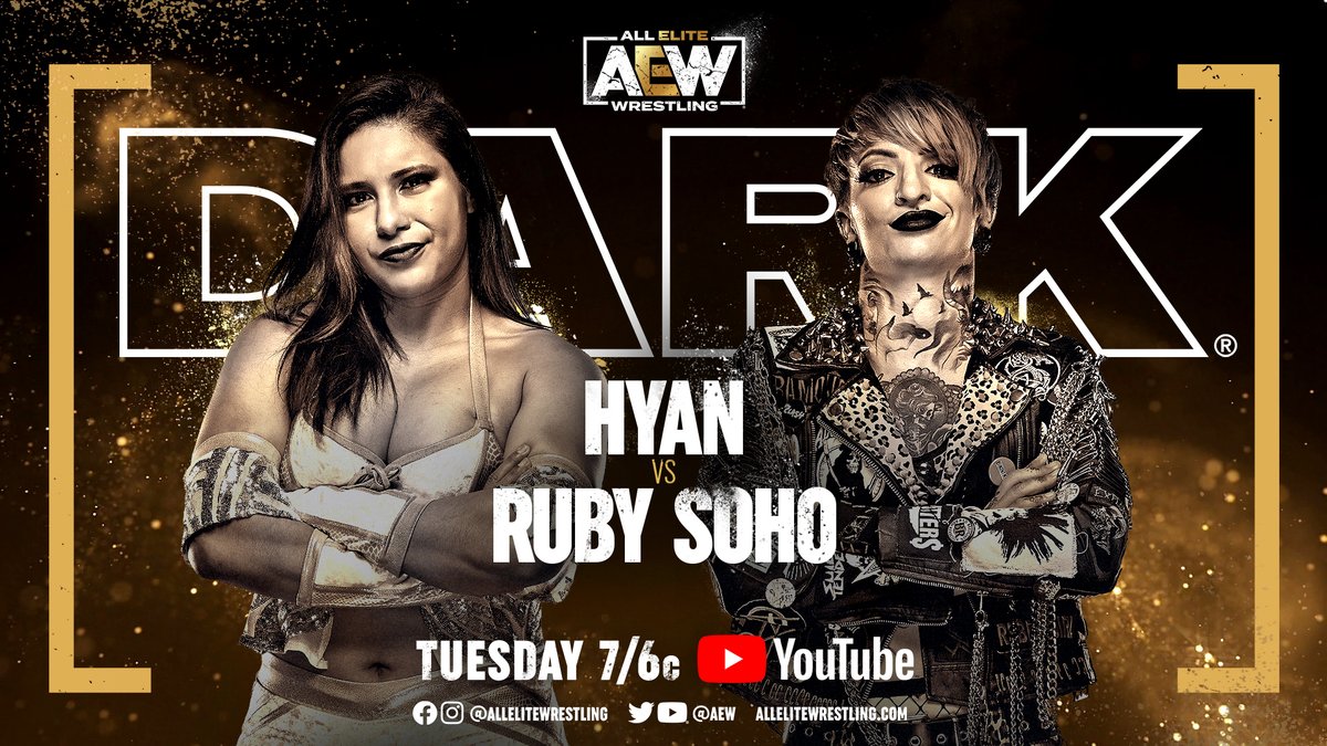 AEW's tweet photo. Tomorrow’s #AEWDark features 12 matches including:
-@AndradeElIdolo v @frontmanjah
-#TooFastTooFuego (@FuegoDelSol/#Fuego2) v @tksackett/@officialbgore
-@realrubysoho v @_thehyan
Watch #AEWDark TOMORROW at 7/6c - https://t.co/lBSV4rTE11 https://t.co/9JzT5hCB5E